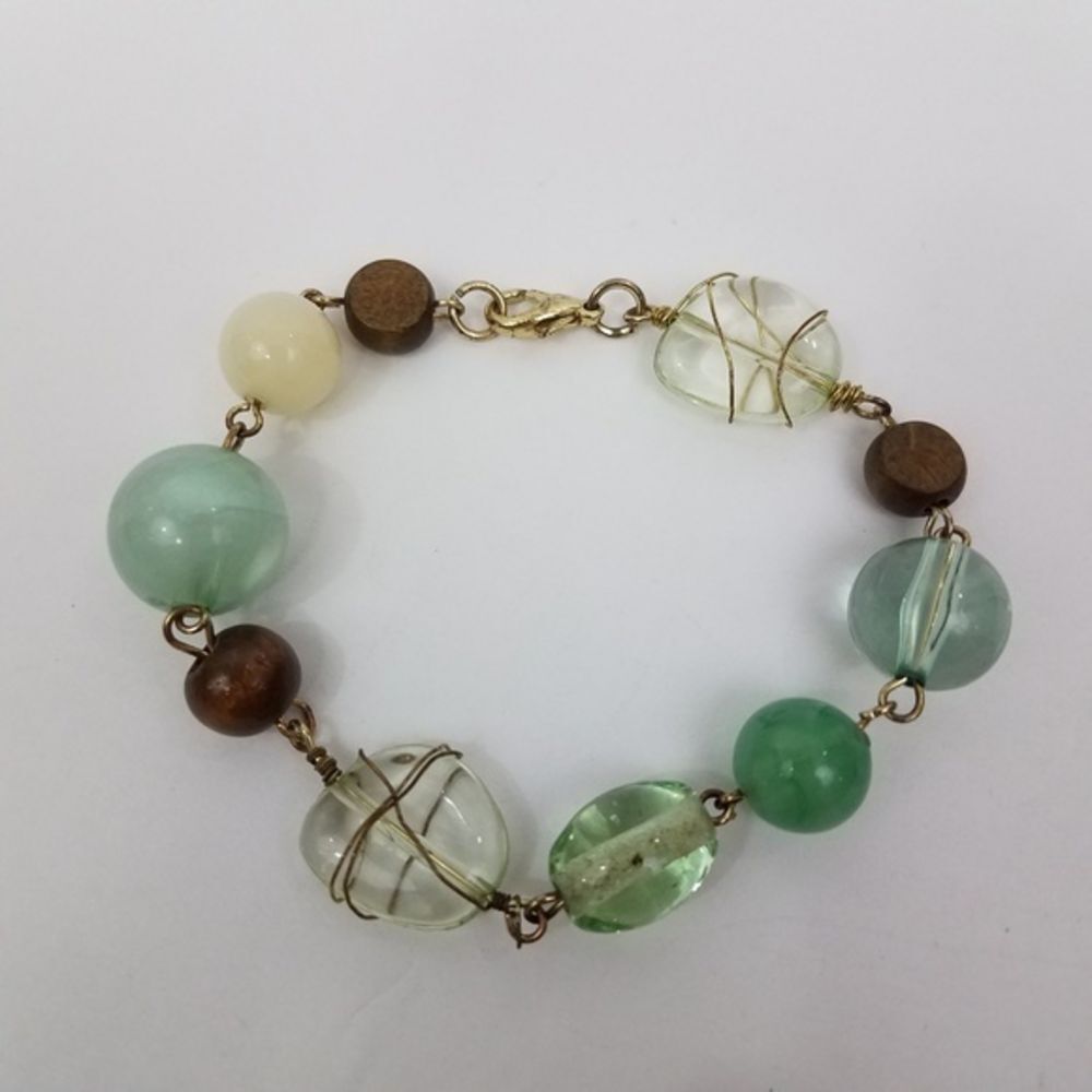 Green Bracelet Wire Wrap Brown Wood Clear White Beaded Gold Tone Round Bead